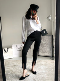 Front Hem Slit Slim Pants_HL3663 - HELROUS