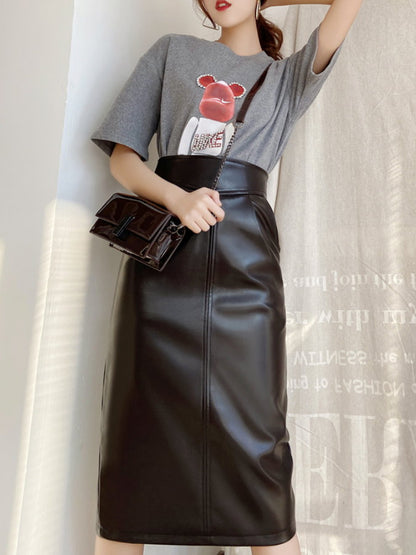 PU Leather Back Slit Midi Skirt HL3880