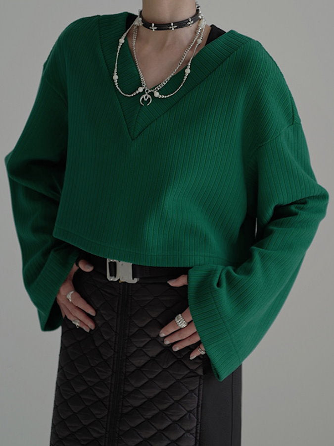 Deep V-neck cropped rib knit HL4082