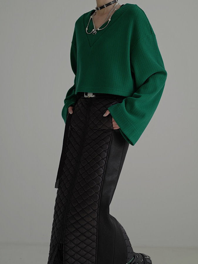 Deep V-neck cropped rib knit HL4082