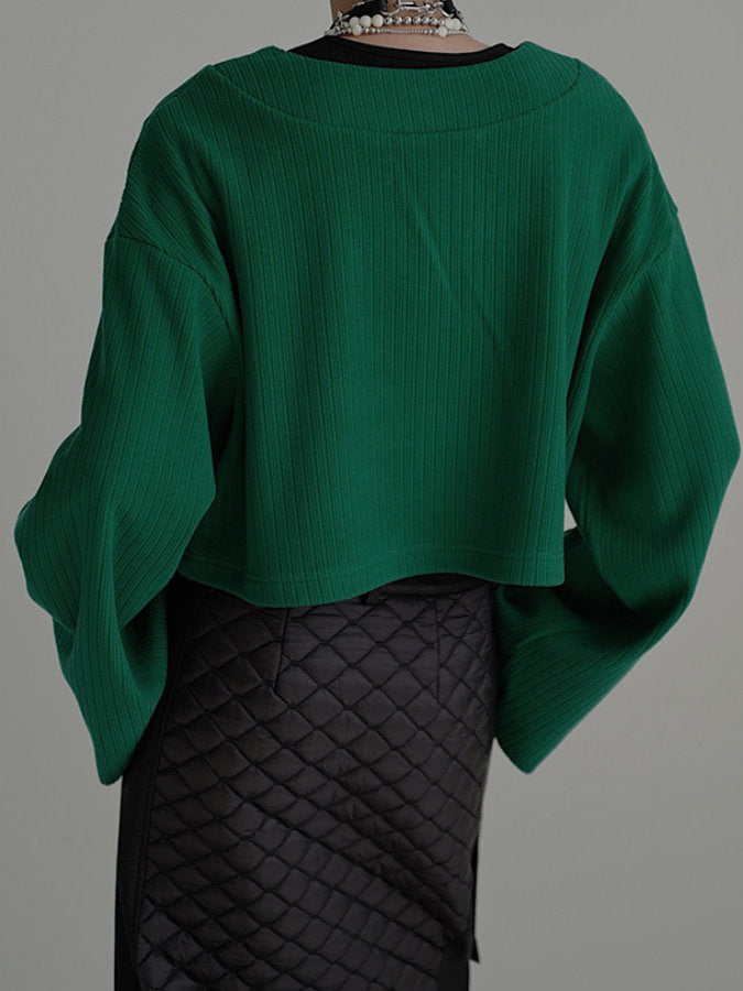 Deep V-neck cropped rib knit HL4082