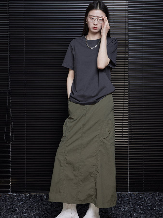 Diagonal Pockets Back Slit Long Skirt_BDHL4465