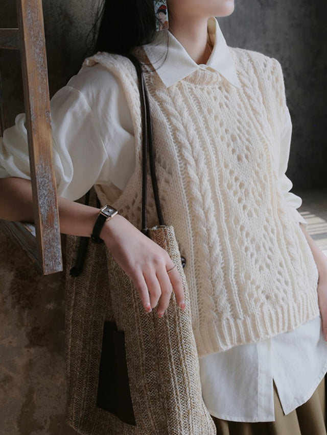 Long Sleeve Loose Shirt Knit Vest Set_BDHL4470