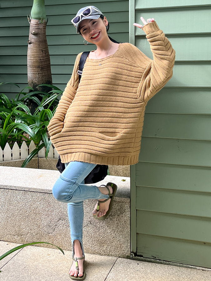 Square Neck Loose Knit Pullover_BDHL4357