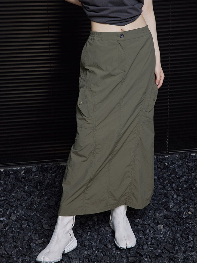 Diagonal Pockets Back Slit Long Skirt_BDHL4465