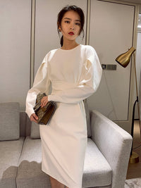 Lantern Sleeve High Waist Ribbon Belt Dress_BDHL4319