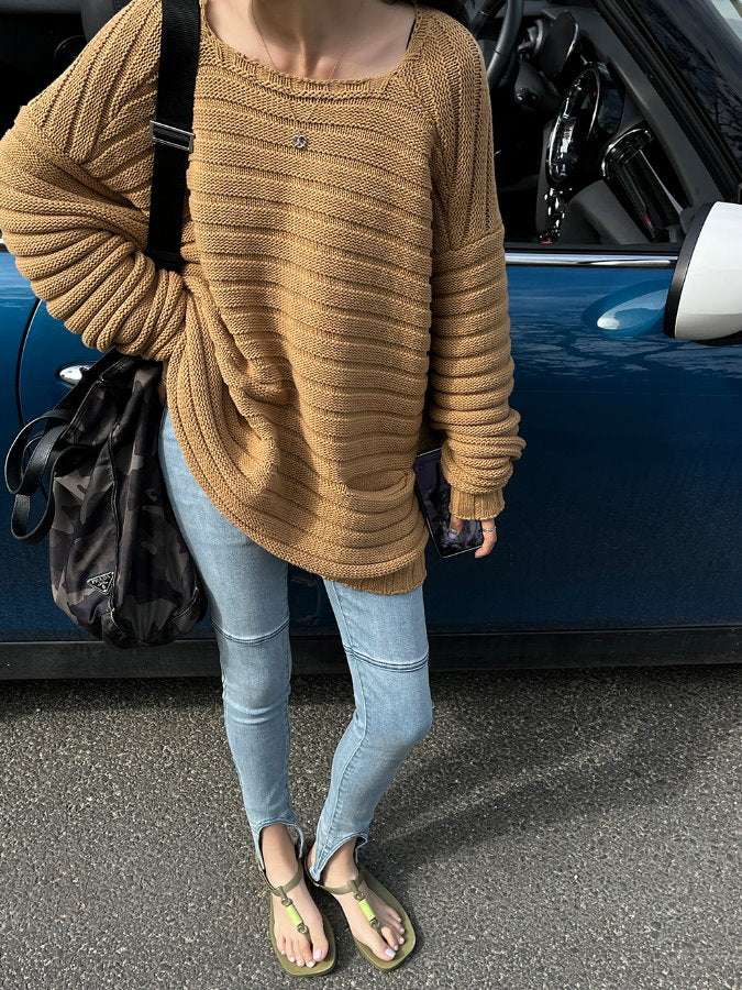 Square Neck Loose Knit Pullover_BDHL4357