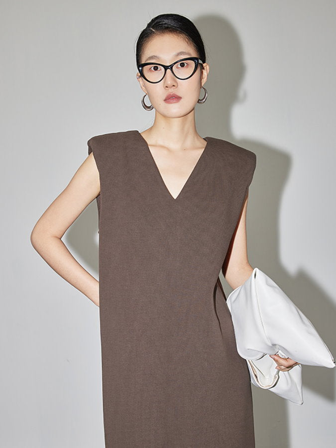 V-neck shoulder pad sleeveless dress_BDHL4368