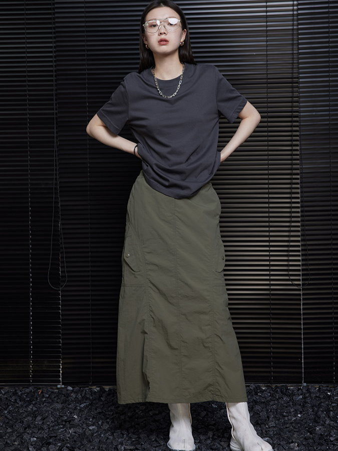 Diagonal Pockets Back Slit Long Skirt_BDHL4465