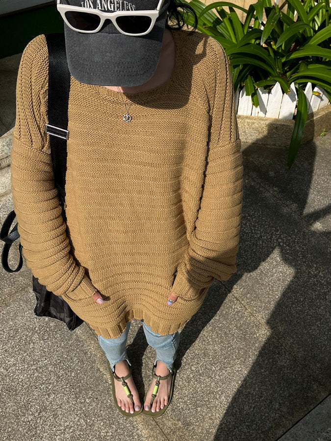 Square Neck Loose Knit Pullover_BDHL4357