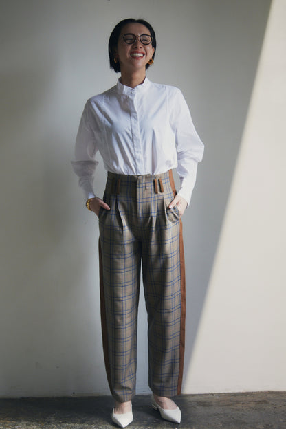 Stitched Leather Check High Waist Pants_LCHK/5220