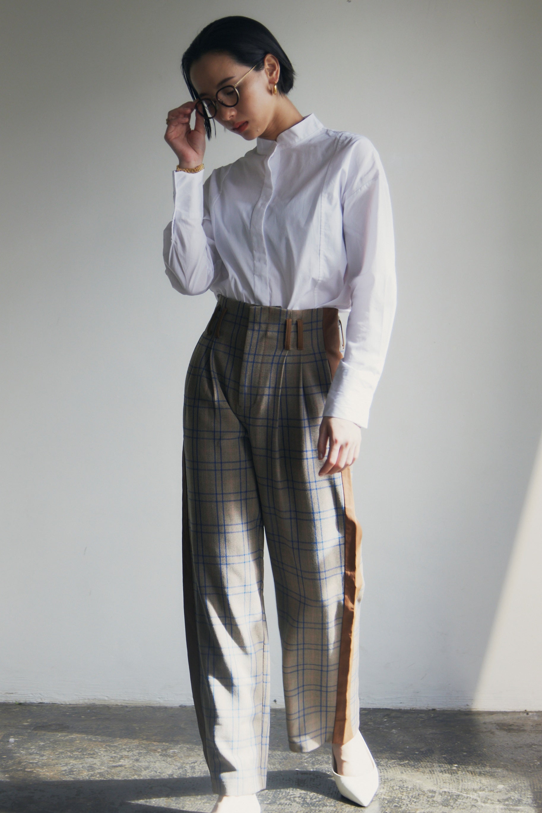 Stitched Leather Check High Waist Pants_LCHK/5220