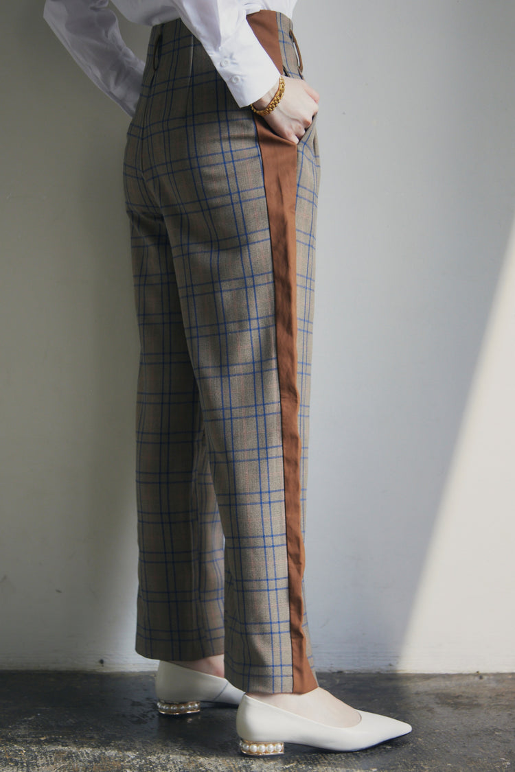 Stitched Leather Check High Waist Pants_LCHK/5220