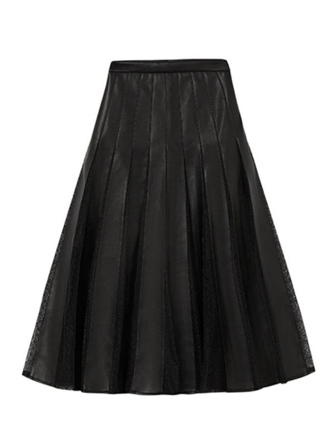 Mesh Lace Leather Pleated Skirt HL4254