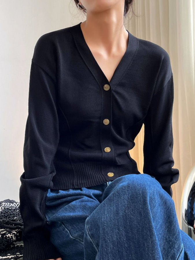 Ribbed Trim V-Neck Cardigan HL9792