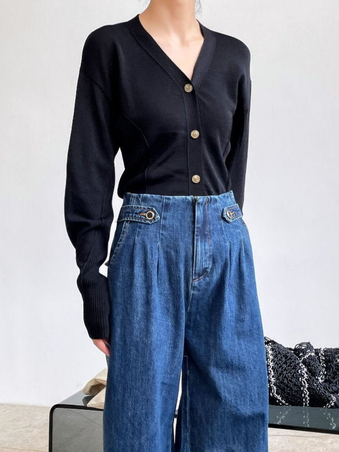 Ribbed Trim V-Neck Cardigan HL9792