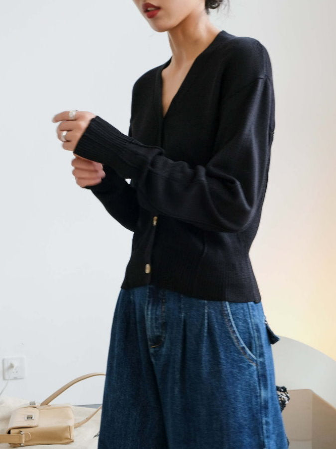 Ribbed Trim V-Neck Cardigan HL9792