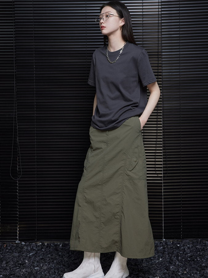 Diagonal Pockets Back Slit Long Skirt_BDHL4465