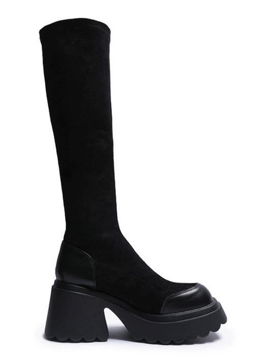 Thick-Soled Black Block Heeled Skinny Boots_BDHL5052