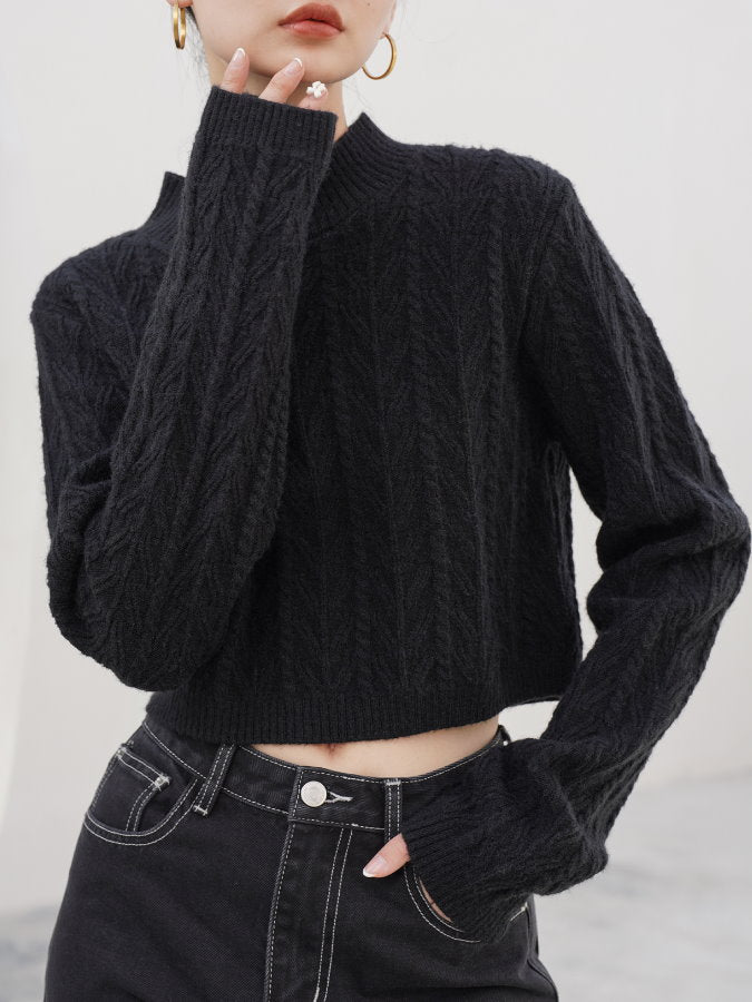 Cropped Cable Knit Pullover HL4144 - HELROUS