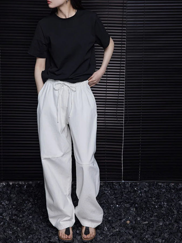 Elastic waist drawstring knee-stitch pants_BDHL4485