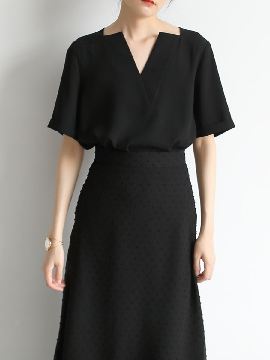 Deep V-neck chiffon shirt_8977