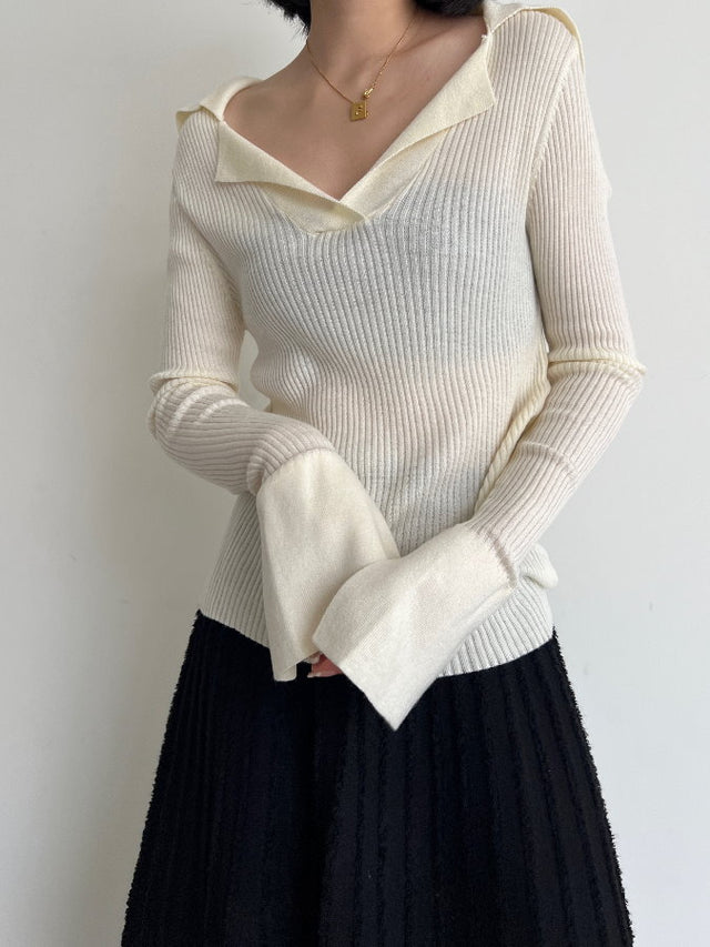 Lapel Neck Ribbed Knit Pullover HL4241 - HELROUS