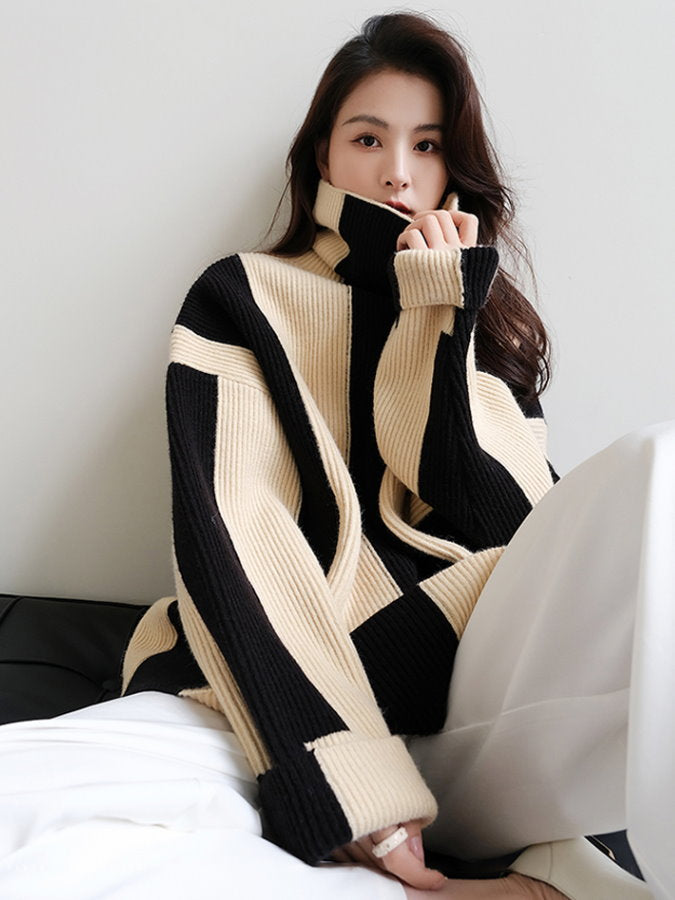 Wide Stripe High Neck Ribbed Knit Sweater HL4029