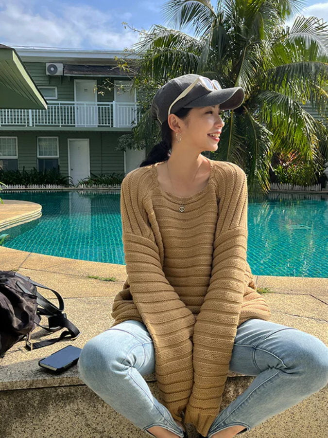 Square Neck Loose Knit Pullover_BDHL4357