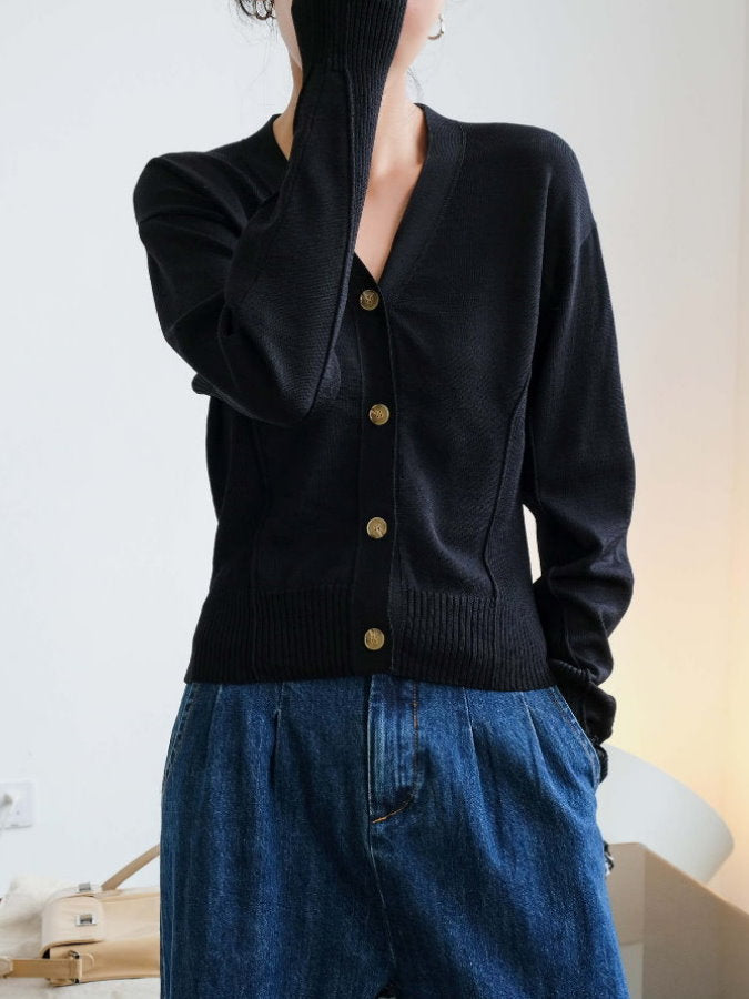 Ribbed Trim V-Neck Cardigan HL9792