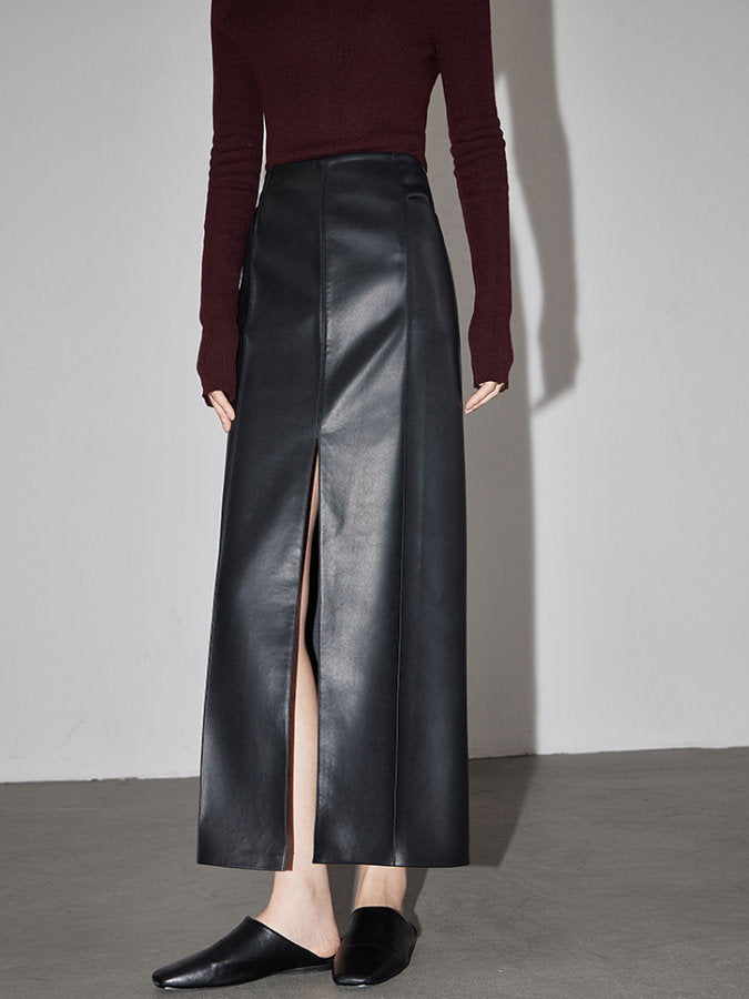 Front Slit Eco Leather Long Skirt HL4174