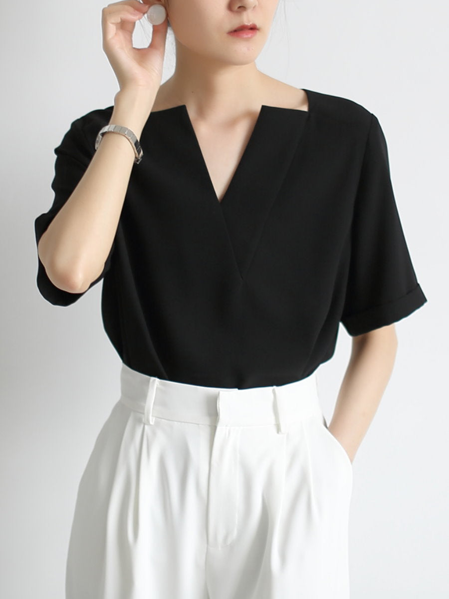 Deep V-neck chiffon shirt_8977