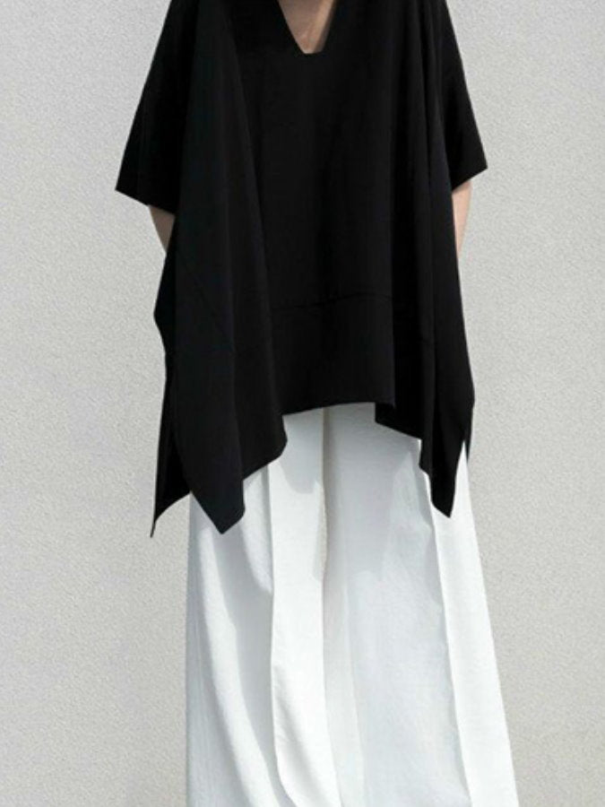 Irregular Hem Poncho V Neck T Shirt_HL3614