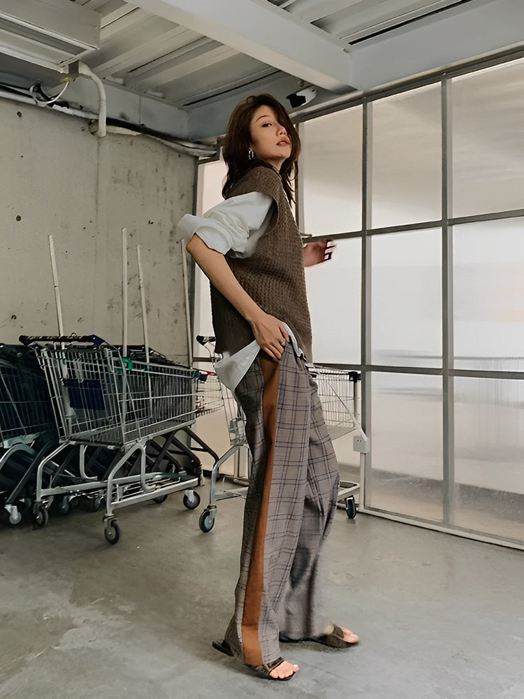 Stitched Leather Check High Waist Pants_LCHK/5220