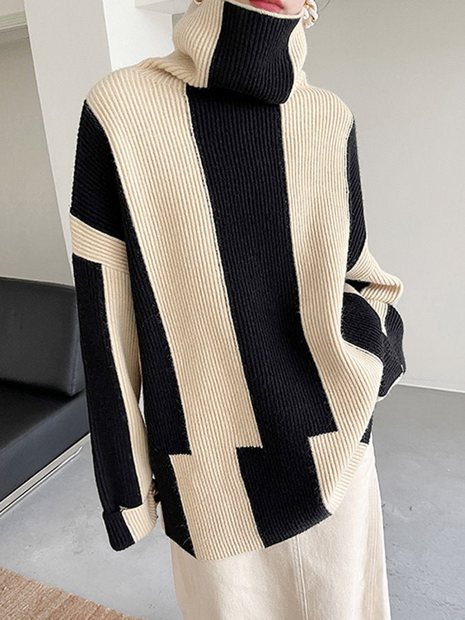 Wide Stripe High Neck Ribbed Knit Sweater HL4029