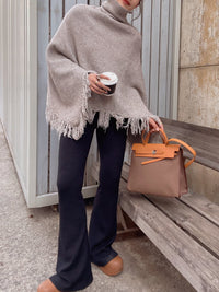 Turtleneck Fringe Knit Poncho HL3818