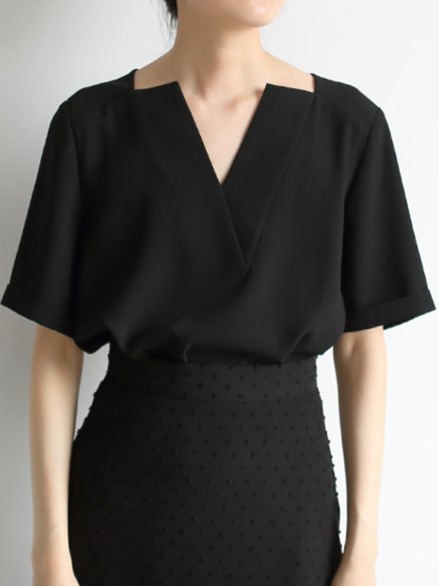 Deep V-neck chiffon shirt_8977