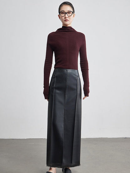 Front Slit Eco Leather Long Skirt HL4174