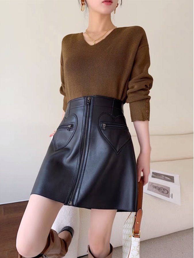 Front Zip Eco Leather Mini Skirt HL3884