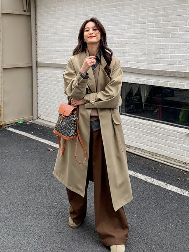 Flap Pocket Long Trench Coat HL4273 - HELROUS