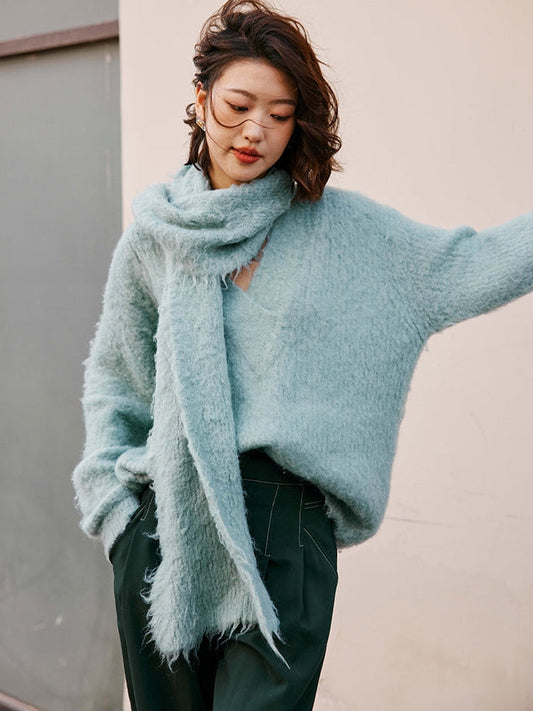 Fluffy V-neck wool tops + scarf_BDHL5055