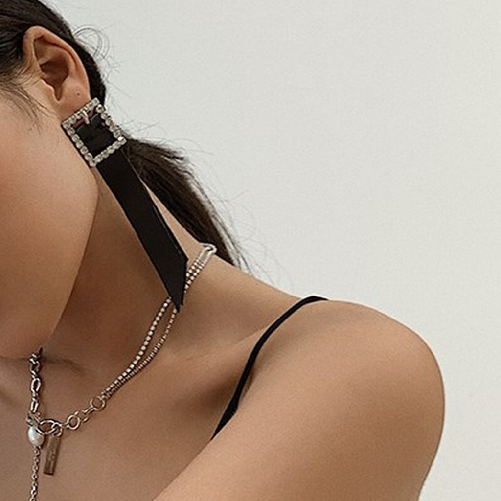 Buckle Black Leather Rhinestone Earrings_5233