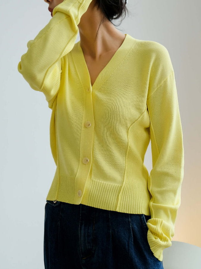 Ribbed Trim V-Neck Cardigan HL9792