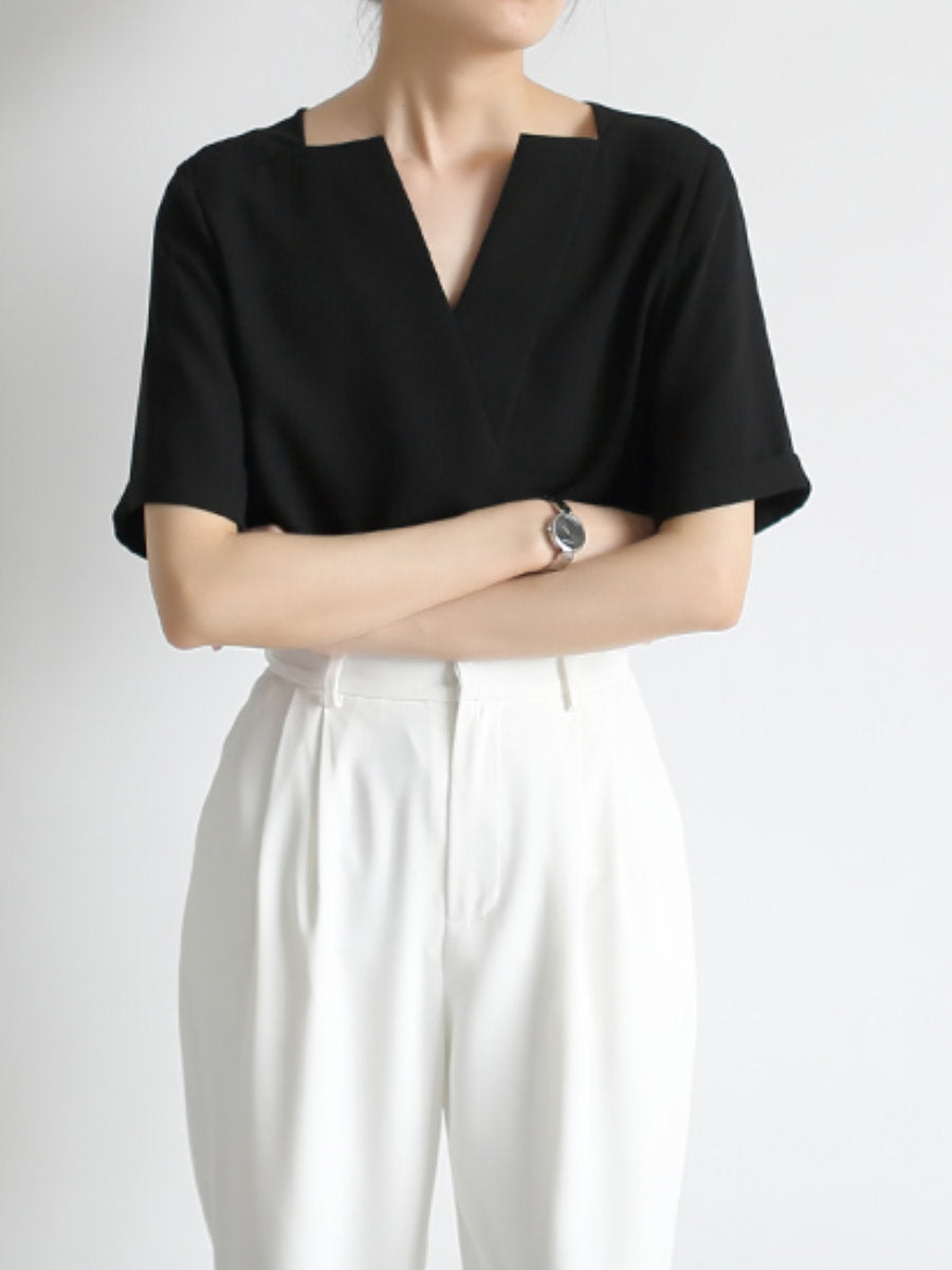 Deep V-neck chiffon shirt_8977