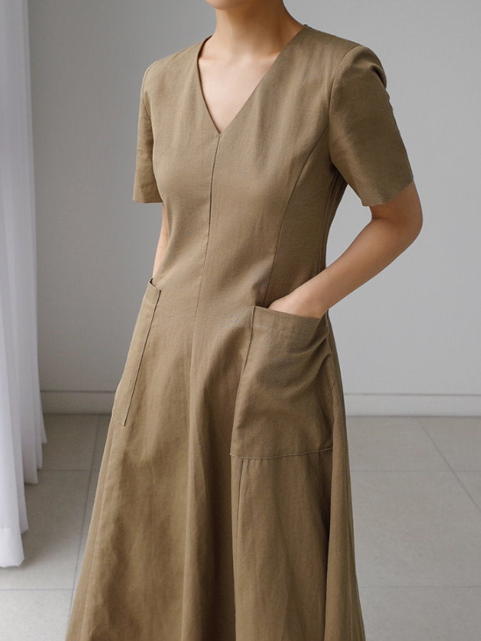 Waist Shape V Neck Flared Dress_HL3627