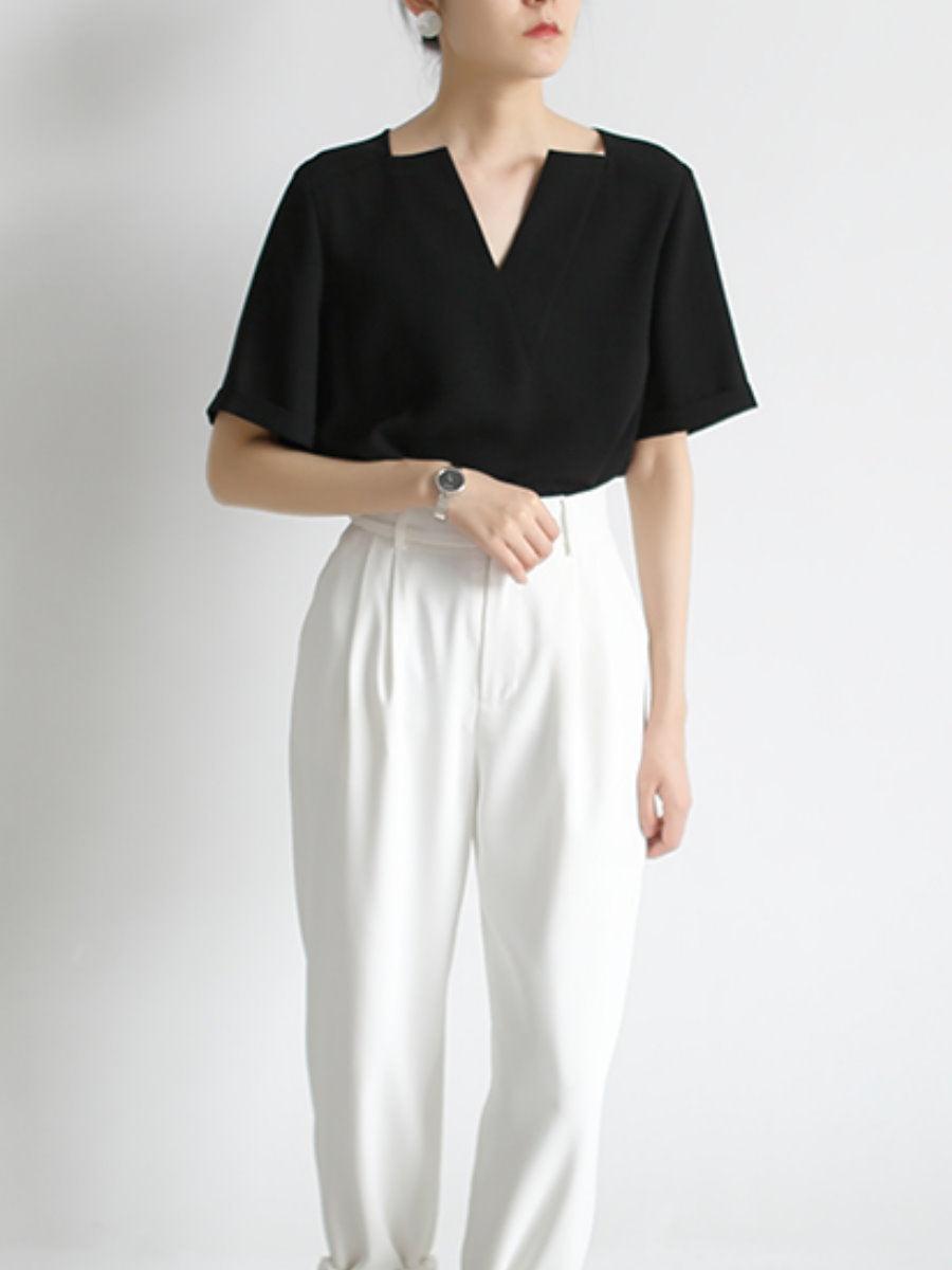 Deep V-neck chiffon shirt_8977