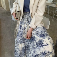 Antique blue printed flared skirt_5713