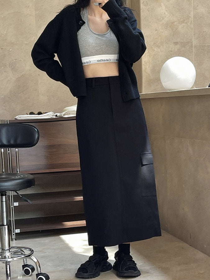 Patch Pocket Long Slit Skirt HL3836