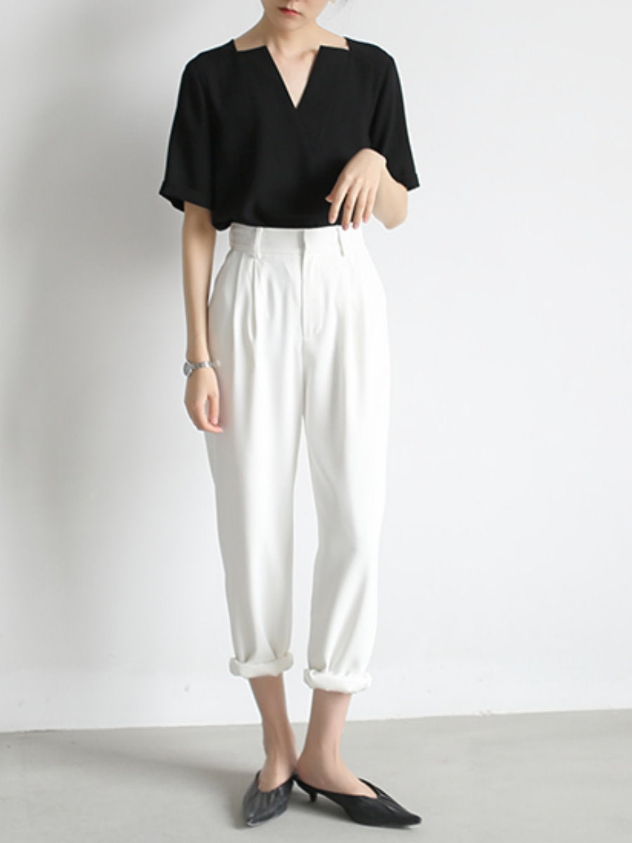 Deep V-neck chiffon shirt_8977