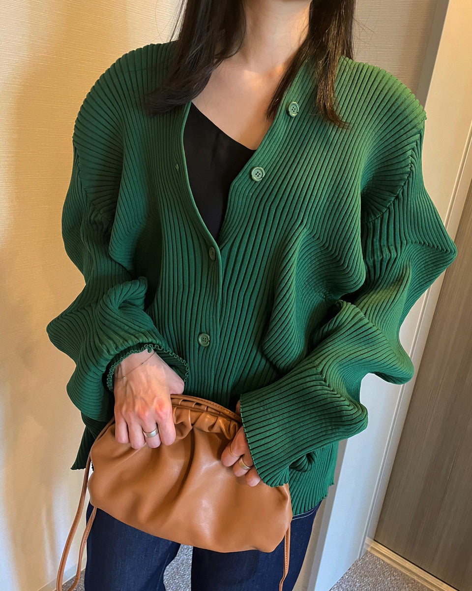 Green deformation ribbed cardigan H3386